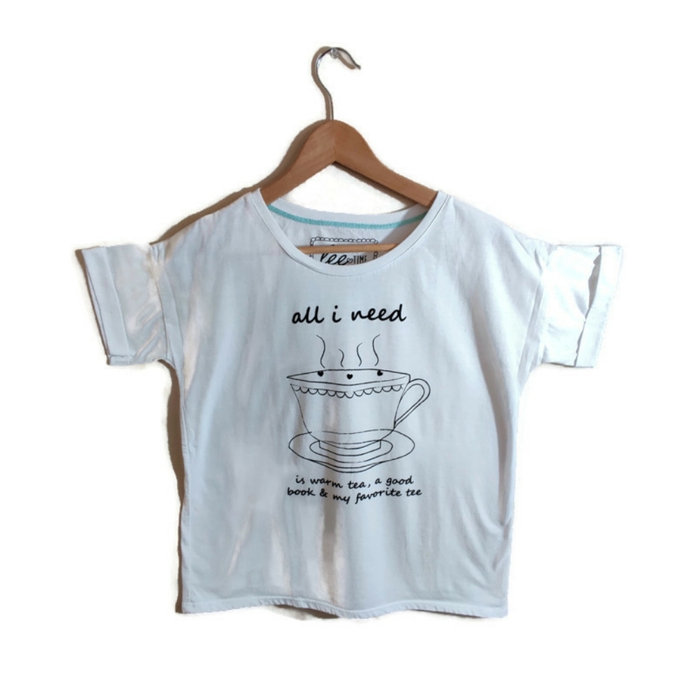 FOR ME Women's Tee Time White & Black Short Sleeve Graphic Teacup T-Shirt M